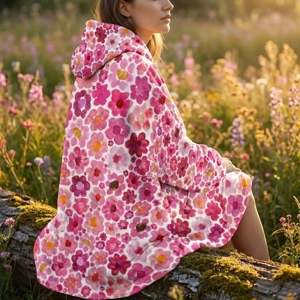 Women's Pink Flower Hoodie | Oversized Wearable Blanket | Zen Blossom Floral Print Sherpa Fleece