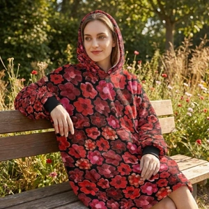 Women's Red Flower Hoodie | Oversized Wearable Blanket | Zen Blossom Floral Print Sherpa Fleece