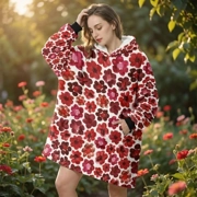 Women's Red Flower Hoodie | Oversized Wearable Blanket | Zen Blossom Floral Print Sherpa Fleece