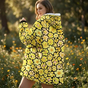 Women's Yellow Flower Hoodie | Oversized Wearable Blanket | Zen Blossom Floral Print Sherpa Fleece