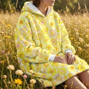 Women's Yellow Flower Hoodie  Oversized Wearable Blanket  Zen Blossom Floral Print Sherpa Fleece