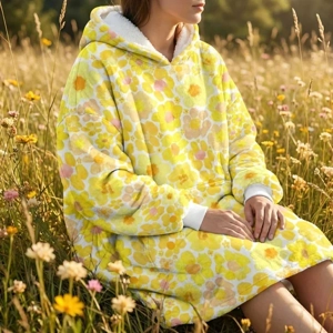 Women's Yellow Flower Hoodie  Oversized Wearable Blanket  Zen Blossom Floral Print Sherpa Fleece