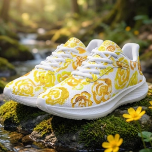 Yellow flower shoes | Art sneakers | Unisex running shoes with yellow flower blossoms  |  Women's & men's lightweight sports shoes | Floral print running shoes | Floral sneakers | Boho patterned shoes | Cute trainers | Flower sneakers | Gym trainers, tennis shoes & walking shoes