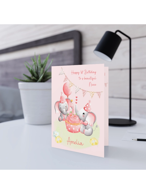 A5 BABY GIRL PERSONALISED 1ST BIRTHDAY CARD - Elephants Tea Party