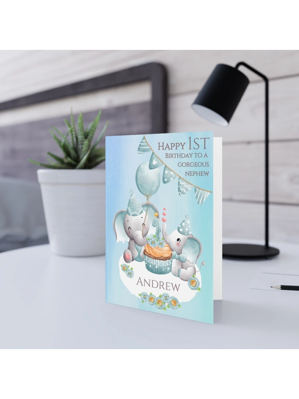 A5 BABY BOY PERSONALISED 1ST BIRTHDAY CARD - Elephants Tea Party