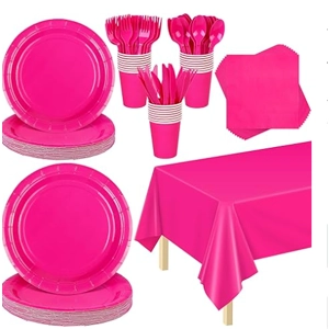 Hot Pink Party Supplies Include Paper Plates Cups Napkins Forks Knives Spoons Waterproof Tablecloth Hot Pink Party Supplies Include Paper Plates Cups Napkins Forks Knives Spoons Waterproof Tablecloth