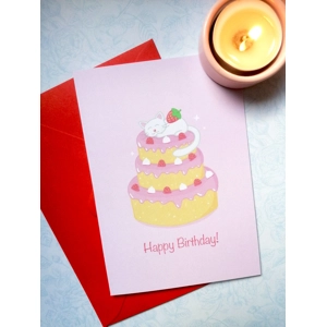 Cat on Birthday cake card, Pink