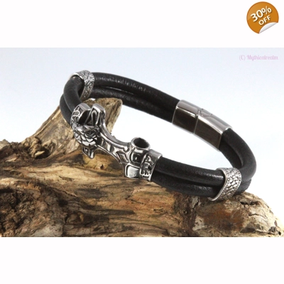 leather and stainless steel snake head bracelet
