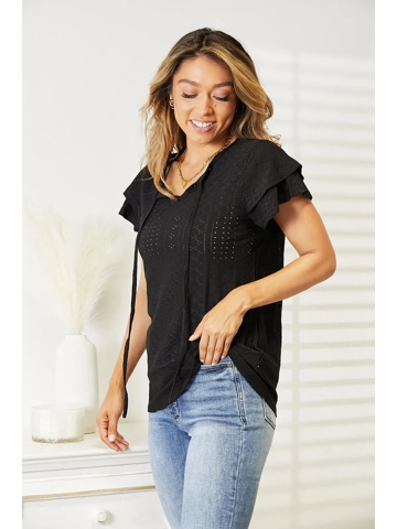 Eyelet Tie-Neck Flutter Sleeve Blouse