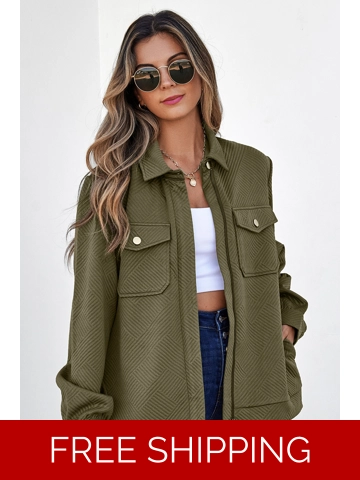 Blackish Green Solid Color Zip Up Button Flap Pocket Shirt Collar Jackets