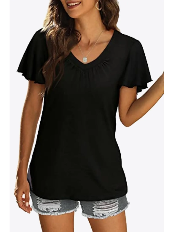 V-Neck Flutter Sleeve Tee Shirt