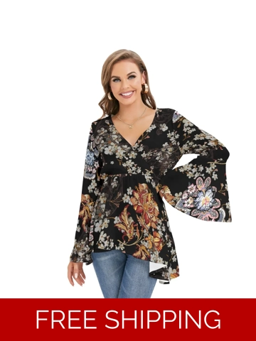Motiff V-Neck Blouse with Flared Sleeves