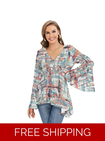 Motiff V-Neck Blouse with Flared Sleeves
