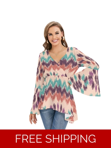 Motiff V-Neck Blouse with Flared Sleeves