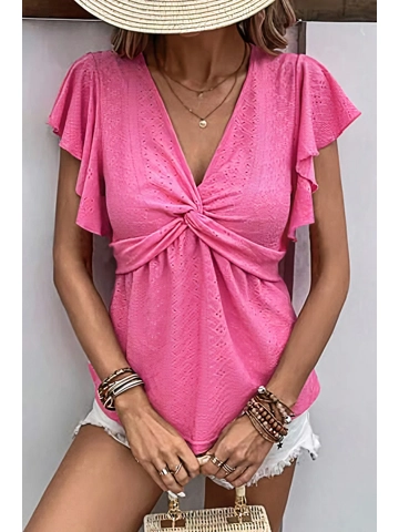 Eyelet Twisted V-Neck Flutter Sleeve Blouse