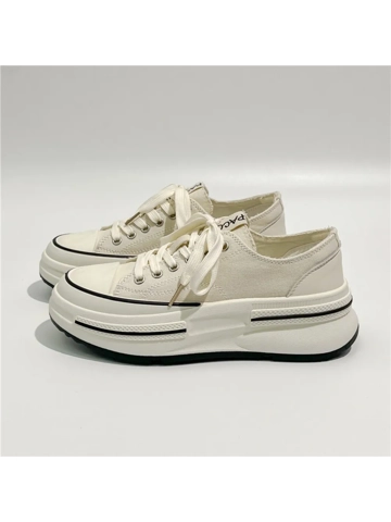 Lace-Up Round Toe Platform Sneakers - Beige