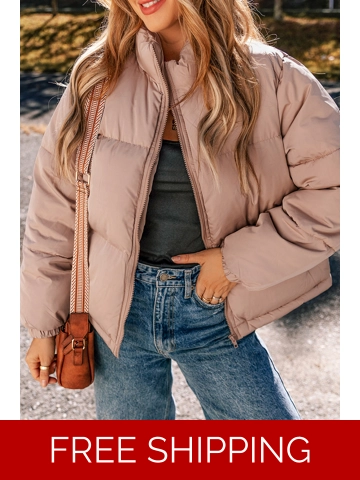 Apricot Pink Full Zipper Quilted Puffer Jacket
