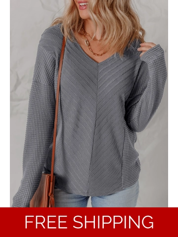 Sleet V Neck Chevron Texture Patchwork Long Sleeve Knit Top