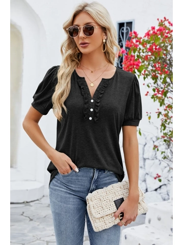 Frill Notched Short Sleeve Blouse