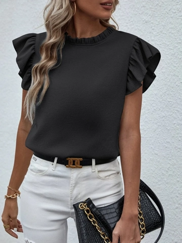 Mock Neck Ruffled Cap Sleeve Blouse
