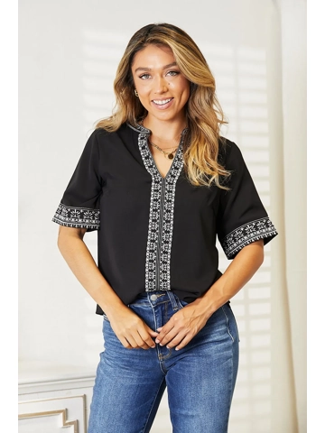 Double Take Embroidered Notched Neck Top