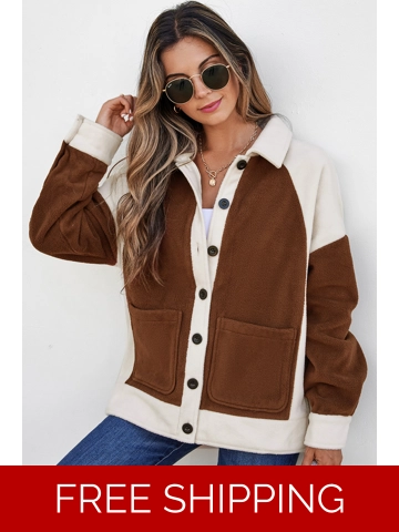 Brown Color Block Patchwork Button Down Fleece Shacket
