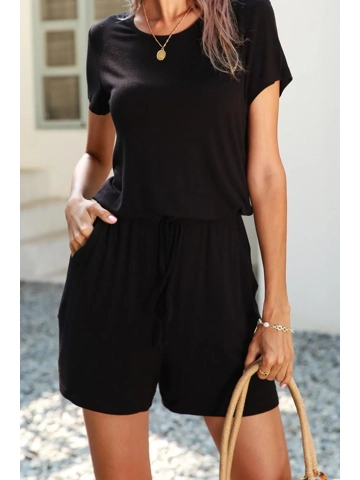Drawstring Waist Short Sleeve Romper with Pockets