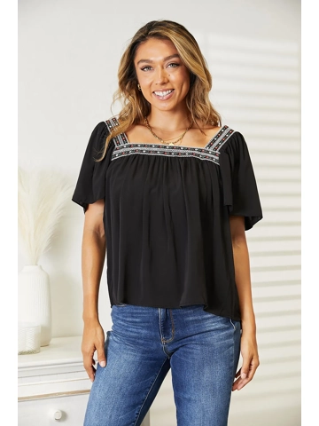 Contrast Square Neck Puff Sleeve Blouse