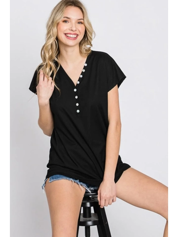 Heimish Full Size Front Button V-Neck Short Sleeve T-Shirt