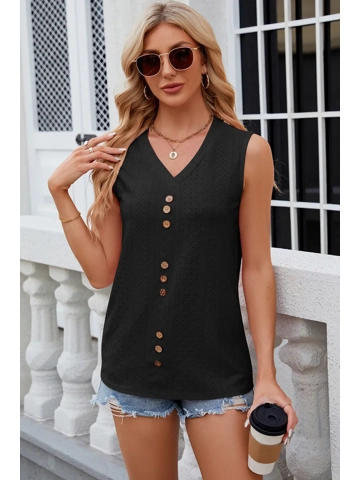 Decorative Button Eyelet V-Neck Tank