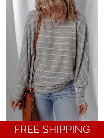 Gray Stripe Dolman Sleeve Drop Shoulder Top