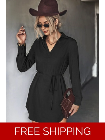 Belted Johnny Collar High-Low Shirt Dress