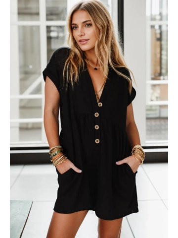 Pocketed V-Neck Short Sleeve Romper