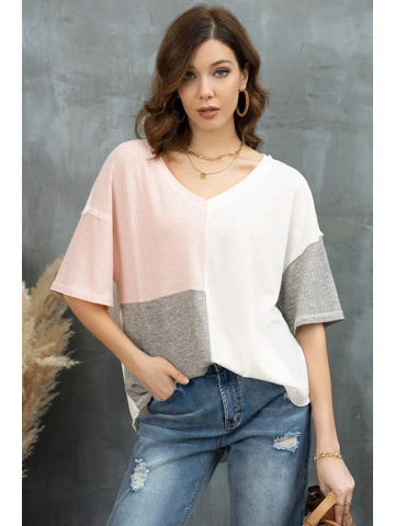 Color Block V-Neck Waffle-Knit Blouse