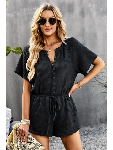 Waffle-Knit Drawstring Waist Romper