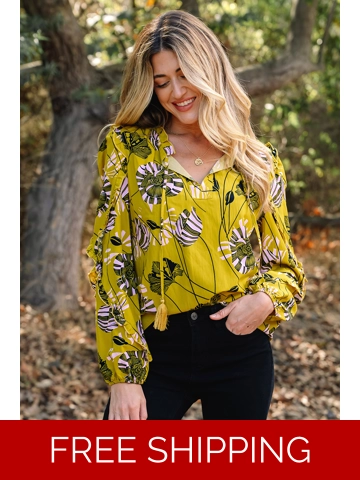 Yellow Vintage Floral V Neck Ruffle Trim Long Sleeve Blouse