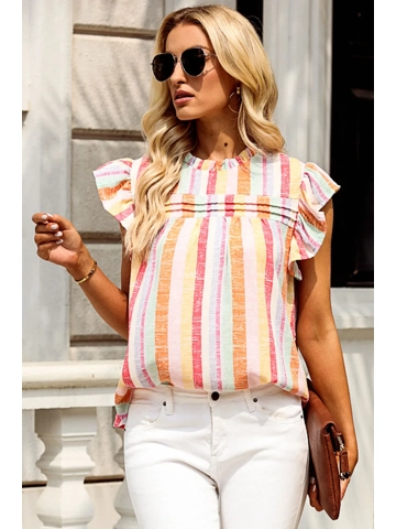 Ruffled Striped Round Neck Cap Sleeve Blouse