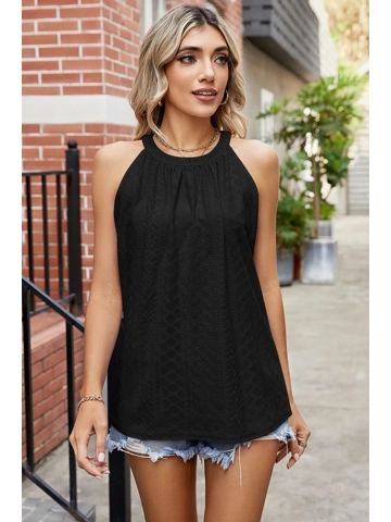 Eyelet Round Neck Sleeveless Top