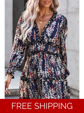 Blue Ruffle Detailing Open Back Floral Dress