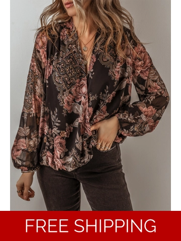 Black Floral Print Criss Cross V Neck Balloon Sleeve Blouse
