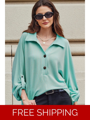 Light Blue Oversized Twist Ribbed Collared Henley Top with Roll up Sleeve