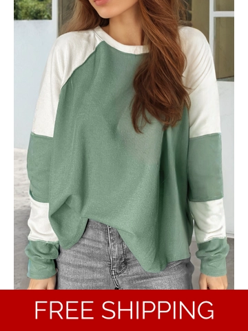 Mint Green Ribbed Colorblock Patchwork Raglan Long Sleeve Top