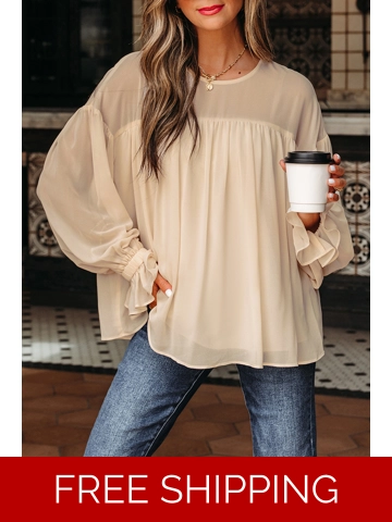 Parchment Pleated Ruffle Long Sleeve Chiffon Blouse