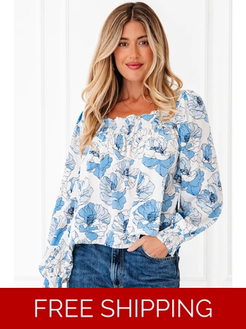 Sky Blue Floral Print Frilly Smocked Square Neck Long Sleeve Blouse