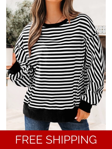 Black Stripe Exposed Seam Drop Shoulder Casual Pullover Top
