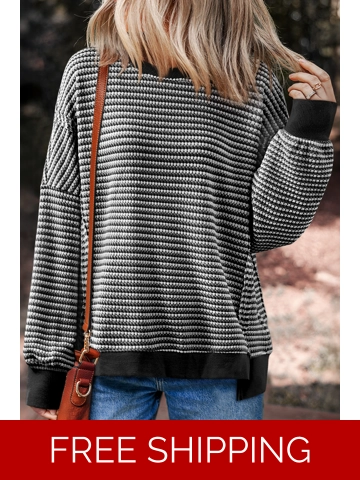 Black Stripe Ribbed Trim Drop Shoulder Long Sleeve Oversize Top