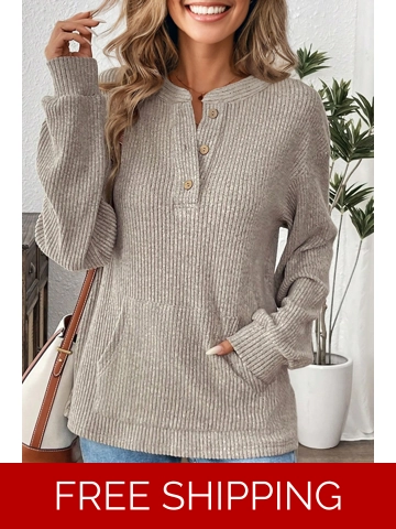 Simply Taupe Ribbed Texture Drop Shoulder Henley Knit Top