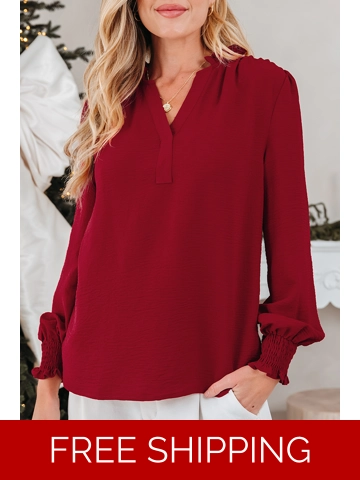 Burgundy Notched Neck Shirred Cuff Long Sleeve Blouse
