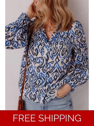Blue Bohemian Print Embroidered V Neckline Detail Long Sleeve Shirt