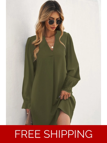 Green Split V Neck Ruffled Sleeves Shirt Dress